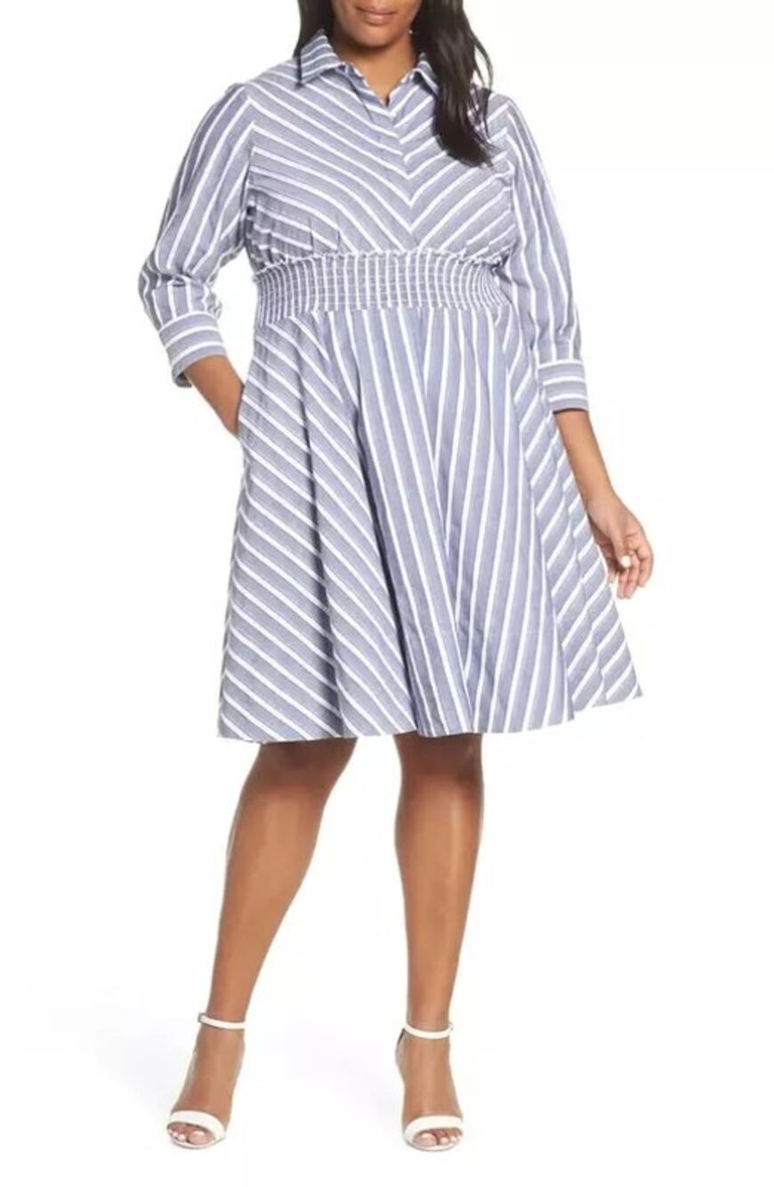 Eliza J Striped Smocked Waist Shirtdress women's 10 gray white long sleeve